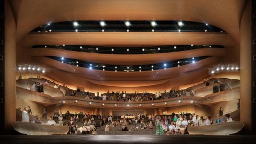 An artist's rendering shows how the inside of the transformed Alliance Theatre will appear after renovations. During the 2017-2018 theatrical season, while the renovations are taking place, the 12 productions of the Alliance will be moved off campus to 12 different sites around the city, including the Fernbank Museum of Natural History and the Conant Center for the Performing Arts at Oglethorpe University.