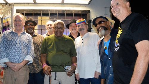 (From left) Tom Stinson, Junior Mack (Jaimoe's Jasssz Band guitarist), Henry Davis, Jaimoe, Rod Gunther, Larry Griggs, Oliver Nichols, John Marsten (obscured) and Mark Bishop.