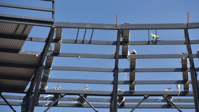 Construction of the canopy continues at the Atlanta Braves new ballpark in Cobb County. SunTrust Park is scheduled to open in time for the 2017 season. Brant Sanderlin, bsanderlin@ajc.com