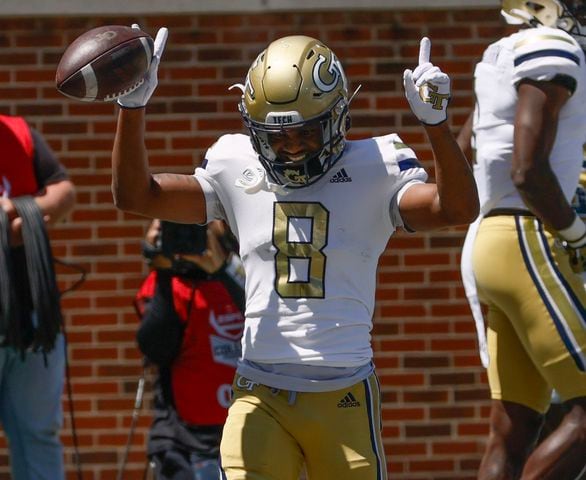 Georgia Tech wide receiver Malik Rutherford (8) celebrates his touchdown catch during the Spring White and Gold game at Bobby Dodd Stadium at Hyundai Field In Atlanta on Saturday, April 13, 2024.   (Bob Andres for the Atlanta Journal Constitution)