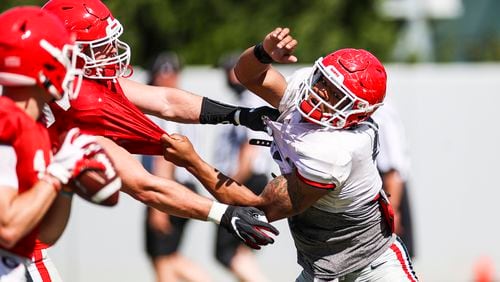 Georgia outside linebacker Nolan Smith (4) during the Bulldogs’ practice session Tuesday, April 13, 2021, in Athens. (Tony Walsh/UGA)