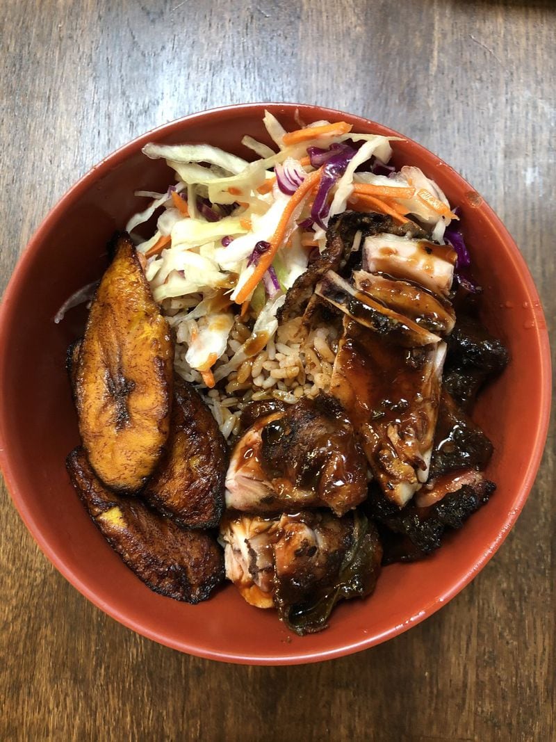 The jerk-chicken bowl at Marguerite’s Jerk Bistro at the Beacon is a great $10 lunch. CONTRIBUTED BY WENDELL BROCK