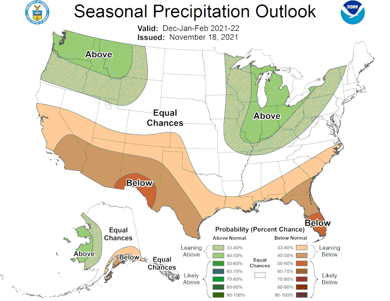 New projections released November 18, 2021 by the National Oceanic and Atmospheric Administration show that the odds are leaning in favor of below average precipitation across much of Georgia this winter.