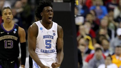 Nassir Little  of the North Carolina Tar Heels reacts after dunking the ball against the Washington Huskies during their game in the Second Round of the NCAA Basketball Tournament at Nationwide Arena on March 24, 2019 in Columbus, Ohio. (Photo by Elsa/Getty Images)