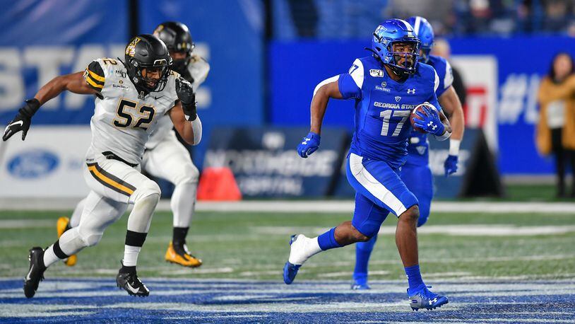 Destin Coates sprints downfield for a 67-yard touchdown in the first quarter of Georgia State's 56-27 home loss to Appalachian State Saturday.