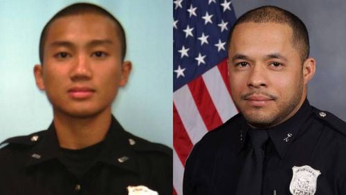 Atlanta police officers Khuong Thai (left) and Joshua Lovreta were met by gunfire as they stepped out of the elevator on the eighth floor. Thai was struck twice.