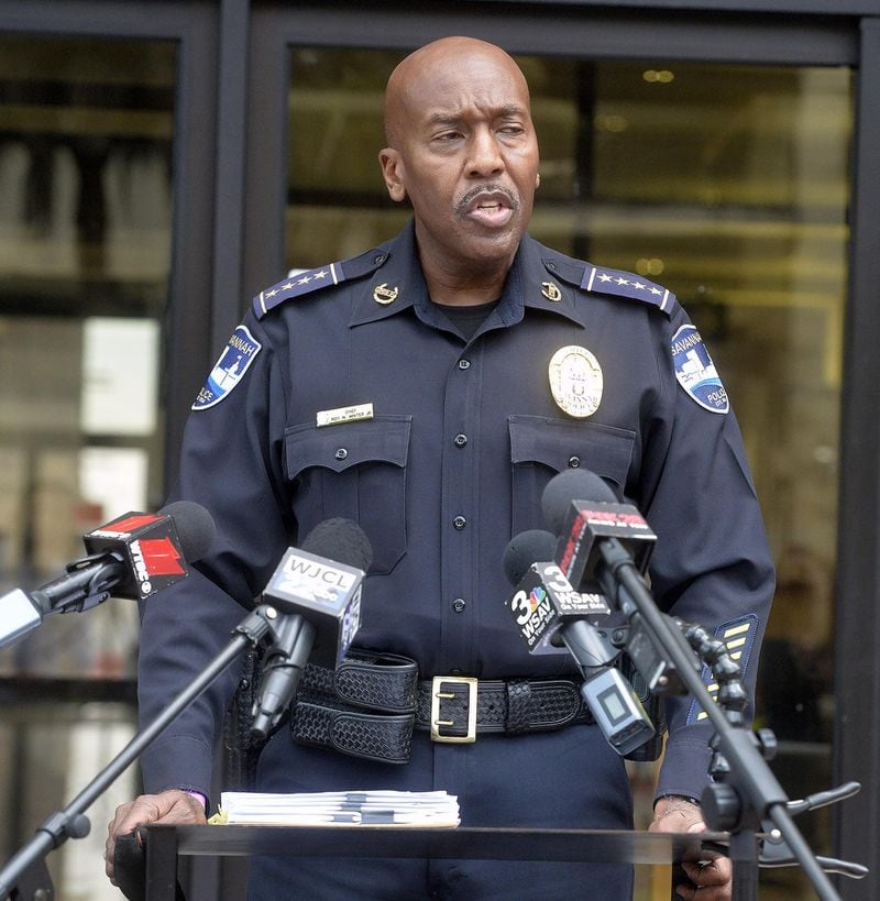 Savannah Police Chief Roy Minter speaks at a press conference in front of the Chatham County Courthouse Wednesday.