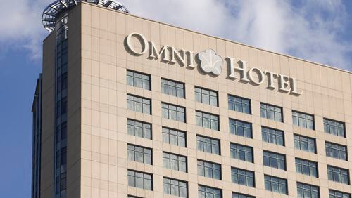 The North Tower of the Omni Atlanta Hotel at Centennial Park is shown on Marietta Street, Thursday, May 2, 2024, in Atlanta. (Jason Getz / AJC)
