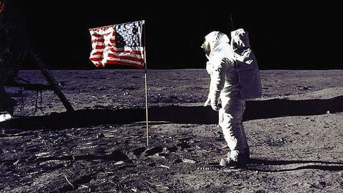 Astronuats Neil Armstrong and Buzz Aldrin planted the American flag on the moon during the historic Apollo 11 mission on July 20, 1969.