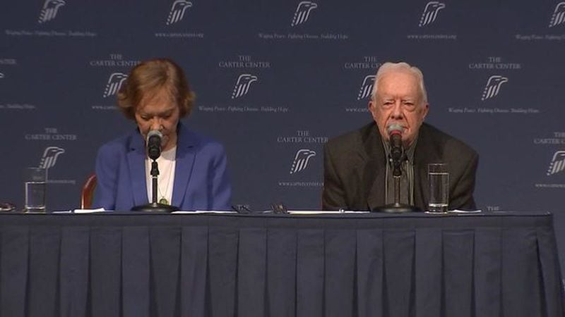 <p>Former President Jimmy Carter and Rosalynn Carter during their annual “A Conversation with the Carters” event at the Carter Center on Tuesday night. 