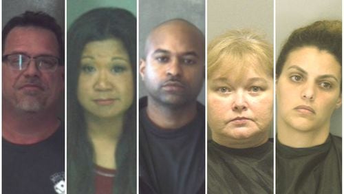 Samuel Crenshaw, left, Darliene Crenshaw, George Moore, Tara Lee Gilleo and Giovene Burkhalter were indicted Wednesday by a grand jury in DeKalb County.