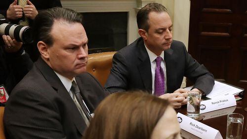 White House Deputy Chief of Staff for Legislative, Intergovernmental Affairs and Implementation Rick Dearborn (L), Chief of Staff Reince Priebus and others attend a meeting with U.S. President Donald Trump and House of Representatives committee leaders in the Roosevelt Room at the White House March 10, 2017 in Washington, DC. (Photo by Chip Somodevilla/Getty Images)