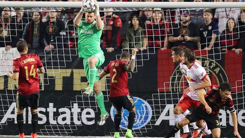 March 5, 2017, Atlanta: Atlanta United FC goalkeeper Alec Kann saves a shot against the N.Y. Red Bulls during their first game in franchise history on Sunday, March 5, 2017, in Atlanta.   Curtis Compton/ccompton@ajc.com