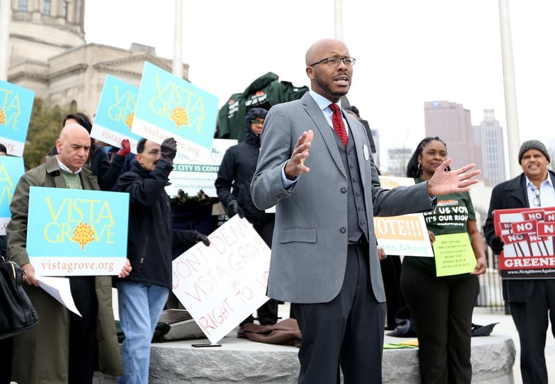 Kenneth Saunders III on March 4, 2019, when he spoke at Liberty Plaza, outside the state Capitol in Atlanta, about the right to vote on proposed cities. EMILY HANEY / emily.haney@ajc.com