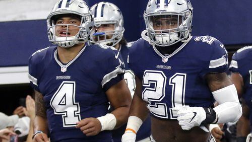 FILE - In this Nov. 24, 2016, file photo, Dallas Cowboys' Dak Prescott (4) and Ezekiel Elliott (21) lead the team out of the tunnel during introductions before an NFL football game against the Washington Redskins, in Arlington, Texas. Prescott and Elliott topped NFL player merchandise and products sales. The Dallas Cowboys running back who led the league in rushing, and the quarterback who was the Offensive Rookie of the Year, represent the first time two rookies led the list compiled by the NFL Players Association. The list is based on total sales of officially licensed NFL player merchandise, tracking year-end results from March 1, 2016 through Feb. 28, 2017. “It’s pretty humbling,” Elliott said. (AP Photo/Roger Steinman, File)