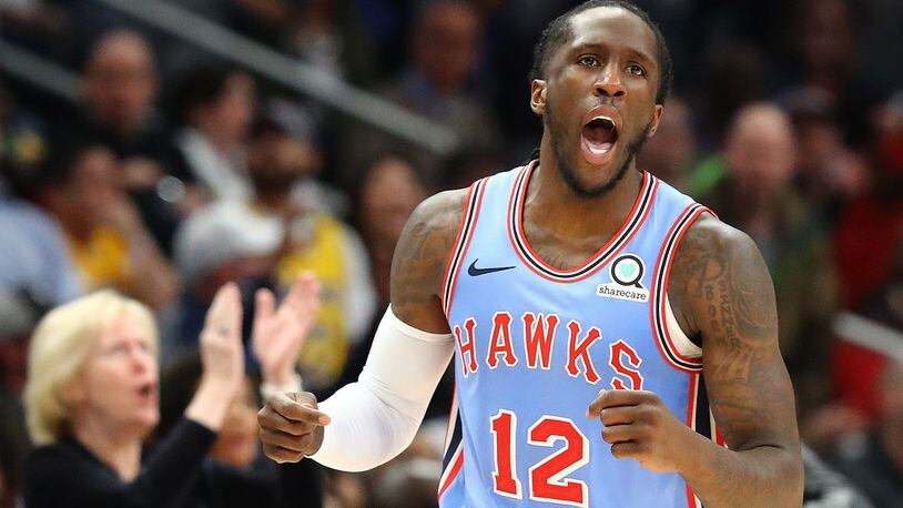 Hawks forward Taurean Prince reacts to making a 3-pointer against the Los Angeles Lakers during the final minutes of the second half on the way to a 117-113 victory in a NBA basketball game on Tuesday, Feb. 12, 2019, in Atlanta.    Curtis Compton/ccompton@ajc.com