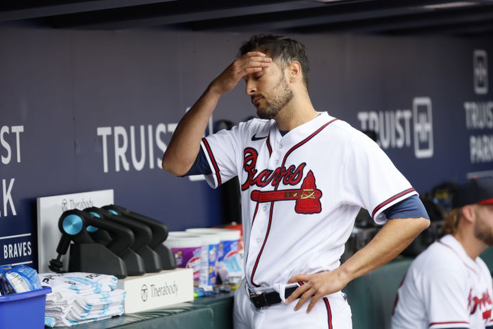 Braves relief pitcher Danny Young reacts after giving up three runs in the top of the ninth inning against the Astros at Truist Park on Sunday, April 23, 2023. The Braves lost 5-2.
Miguel Martinez / miguel.martinezjimenez@ajc.com 