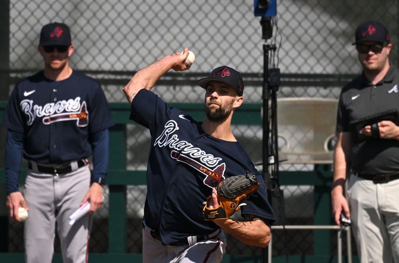 Braves relief pitcher Nick Anderson throws a pitch during Braves spring training at CoolToday Park, Friday, Feb. 17, 2023, in North Port, Fla.. (Hyosub Shin / Hyosub.Shin@ajc.com)