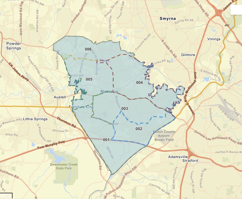 Shown here is a map of the new city of Mableton's council districts. The mayor and six council members will be elected in March 2023. Cobb County