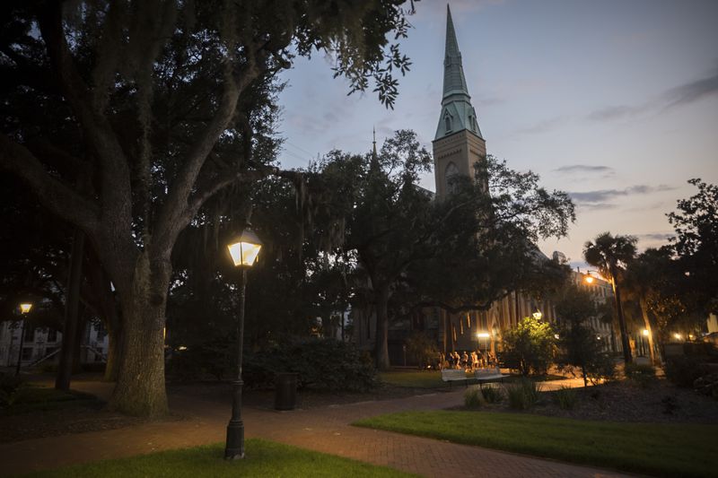 SAVANNAH, GA - AUGUST 19, 2023: The Wesley Monumental United Methodist Church overlooks the square formerly known as Calhoun Square in the heart of the landmark historic district, Saturday, Aug. 19, 2023, in Savannah, Georgia. (AJC Photo/Stephen B. Morton)