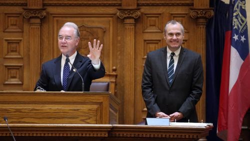 U.S. Rep. Tom Price, left, who is rumored to be considering a run for governor in 2018, speaks to the Georgia Senate, his former political home. Next to him is Lt. Gov. Casey Cagle, also considered a possible candidate for governor. JASON GETZ / JGETZ@AJC.COM