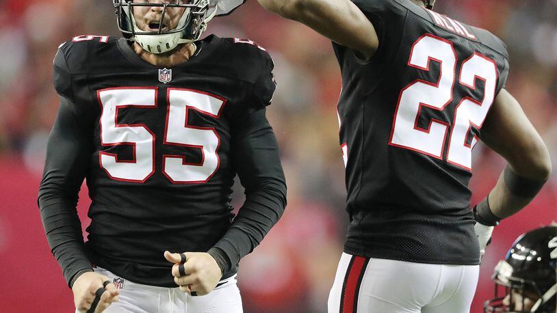 December 18, 2016, ATLANTA: Falcons linebacker Paul Worrilow and safety Keanu Neal celebrate a third down stop against the 49ers during the first half in NFL football game on Sunday, Dec. 18, 2016, in Atlanta. Curtis Compton/ccompton@ajc.com
