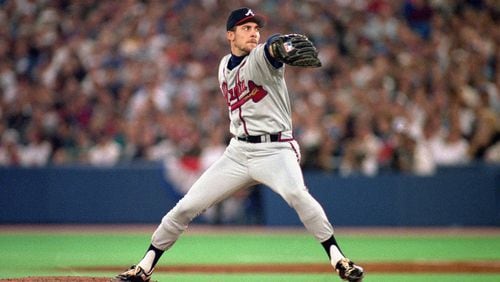 John Smoltz of the Braves delivers a pitch against the Blue Jays during Game 5 of the World Series on October 22, 1992 at the Skydome in Toronto, Ontario. The Braves won 7-2. (Photo by Rick Stewart/Getty Images)
