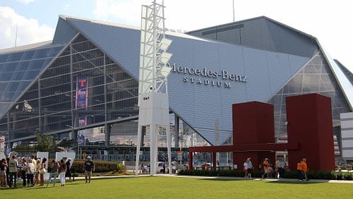 A general view of the new Mercedes-Benz stadium before the Chick-fil-A Kickoff  Game between the Georgia Tech Yellow Jackets and the Tennessee Volunteers on September 04, 2017.   Georgia Tech defeated Tennessee by the score of 42-41 in double overtime.