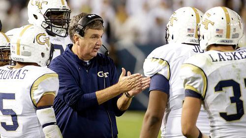 Georgia Tech head coach Paul Johnson talks to players in the second half of an NCAA college football game against Miami, Saturday, Oct. 4, 2014, in Atlanta. (AP Photo/David Goldman) At his weekly news conference Tuesday, Georgia Tech coach Paul Johnson fielded a number of questions about the rivalry with Georgia. (ASSOCIATED PRESS)