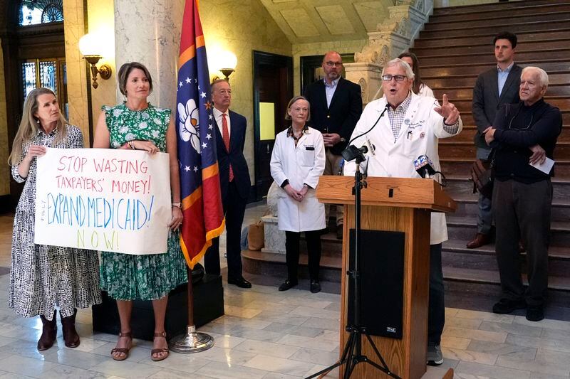 Dr. Randy Easterling, a central Mississippi physician and small business owner, was among a group of small business owners who urged lawmakers to fully fund a Mississippi Medicaid expansion plan during a Tuesday, April 23, 2024, news conference at the state Capitol in Jackson, Miss. (AP Photo/Rogelio V. Solis)