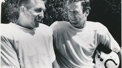 Former Georgia Bulldogs wide receiver Jimmy Orr, right, played in the NFL for 13 seasons. Most of them were with the Baltimore Colts, and his quarterback was Johnny Unitas, left.