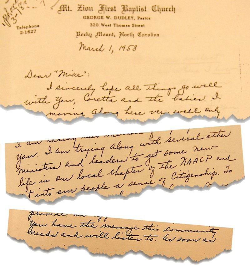 From the day he arrived as pastor of Mount Zion Baptist Church in 1958, the Rev. George Dudley tried to lure Martin Luther King to Rocky Mount. Here are passages of a letter from Dudley to King in 1958 in which Dudley refers to King by his nickname “Mike.”