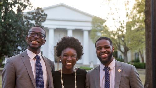Left to right: University of Georgia Student Government Association President Ammishaddai Grand-Jean, Vice President Charlene Marsh, and Treasurer Destin Mizelle pose for a photo after their inauguration at UGA campus in Athens, Georgia, on Wednesday, April 4, 2018. (REANN HUBER/REANN.HUBER@AJC.COM)
