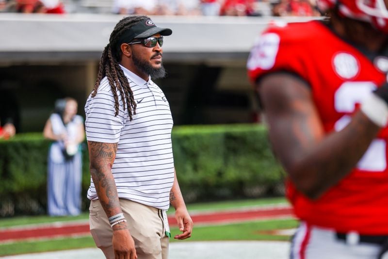 Former Georgia linebacker Jarvis Jones is photographed as the Bulldogs warmed up before playing their annual G-Day spring scrimmage at Sanford Stadium in Athens, Ga., on Saturday, April 15, 2023. (Tony Walsh/UGA Athletics)