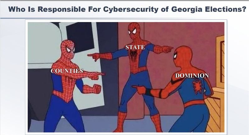 Plaintiffs showed a meme of three Spider-Man characters blaming each other during closing arguments in federal court on Thursday, Feb. 1, 2024.