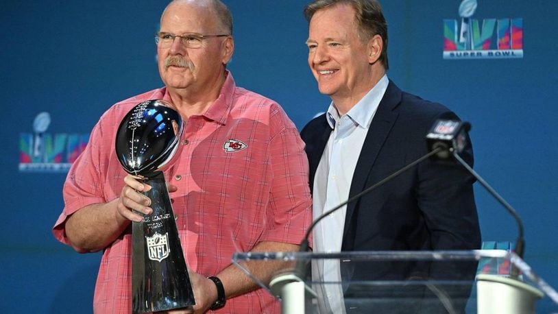 Chiefs coach Andy Reid (left) and NFL Commissioner Roger Goodell will have plenty to talk about in Phoenix during the annual owners meeting. (Rich Sugg/The Kansas City Star/TNS)