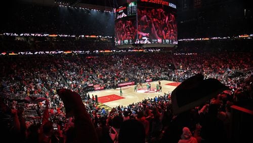 Fans cheer before Game 6 of the first round of the Eastern Conference playoffs at State Farm Arena, on April 27, 2023, in Atlanta. (Hyosub Shin/The Atlanta Journal-Constitution/TNS)