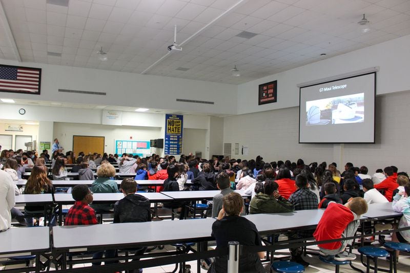 Jim Sowell and Tom Crowley give their Aloha Telescope presentation to about 600 six-graders at Lanier Middle School in Sugar Hill on April 19, 2022. Courtesy of Jim Sowell