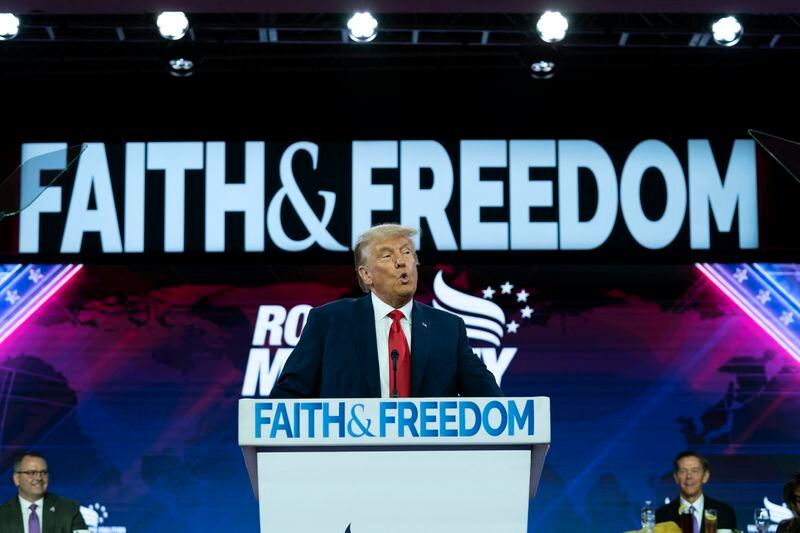 FILE - Republican presidential candidate former President Donald Trump speaks during the Faith & Freedom Coalition Policy Conference in Washington, June 24, 2023. (AP Photo/Jose Luis Magana, File)