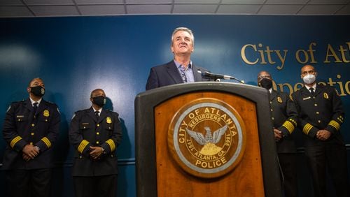 Atlanta Police Foundation President and CEO Dave Wilkinson speaks at a press conference at police headquarters following the Atlanta City Council's approval of a new 85-acre public safety training center. (Jenni Girtman for The Atlanta Journal-Constitution)