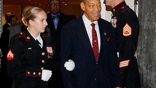 Lorenzo Wallace arriving in 2011 at the ceremony where he received the Congressional Gold Medal, presented to him and the other early African-American Marines who trained at Camp Montfort Point in Jacksonville, N.C. and served in WWII.