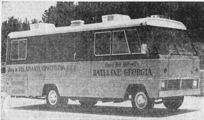 Reporter Bob Harrell and the motor home he used for a time on his assignments were photographed for a full-page ad that appeared in The Atlanta Constitution in September 1972. The rear of the RV had a promotional message for his Family Camping column in the Sunday newspaper.  (AJC Archives)
