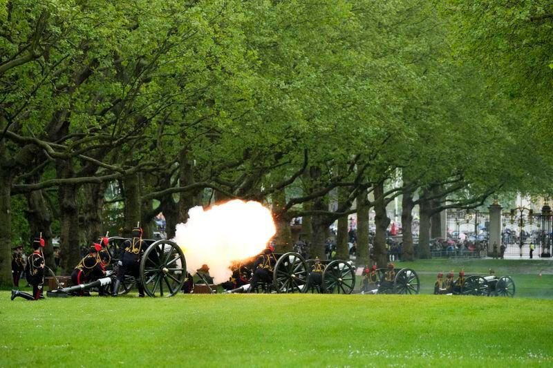 The King's Troop Royal Horse Artillery fire a 41 Gun Royal Salute in Green Park to mark the first anniversary of the Coronation of the King Charles III and Queen Camilla, in London, Monday, May 6, 2024. (AP Photo/Frank Augstein)