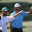 Max Homa and caddie Joe Greiner ask Ludvig Åberg to move over on seventh hole during the final round of the 2024 Masters Tournament at Augusta National Golf Club, Sunday, April 14, 2024, in Augusta, Ga. (Hyosub Shin / Hyosub.Shin@ajc.com)
