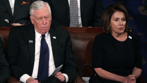 WASHINGTON, DC - JANUARY 30:  U.S. Rep Steny Hoyer (D-MD) and U.S. House Minority Leader Nancy Pelosi (D-CA) watch during the State of the Union address in the chamber of the U.S. House of Representatives January 30, 2018 in Washington, DC. This is the first State of the Union address given by U.S. President Donald Trump and his second joint-session address to Congress.  (Photo by Alex Wong/Getty Images)