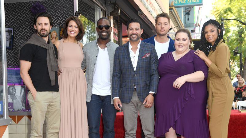 HOLLYWOOD, CALIFORNIA - MARCH 25: (L-R) Milo Ventimiglia, Mandy Moore, Sterling K. Brown, Jon Huertas, Justin Hartley, Chrissy Metz, and Susan Kelechi Watson attend a ceremony honoring Mandy Moore with a star on the Hollywood Walk Of Fame on March 25, 2019 in Hollywood, California. (Photo by Kevin Winter/Getty Images)