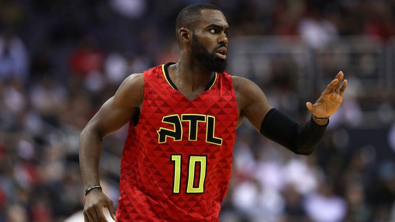 Tim Hardaway Jr. #10 of the Atlanta Hawks celebrates after scoring against the Washington Wizards in the first half of Game Five of the Eastern Conference Quarterfinals during the 2017 NBA Playoffs at at Verizon Center. Photo by Rob Carr/Getty Images