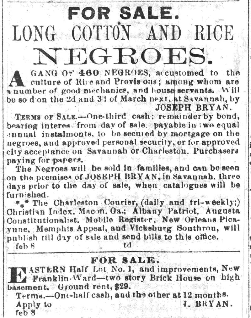 A copy of an original newspaper advertisement for “The Weeping Time” sale of slaves owned by Pierce M. Butler.