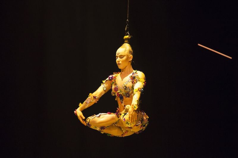 The Mirage number features an aerialist who hangs from her hair. The costumes for “Volta” are designed by Zaldy Goco. Contributed by Matt Beard