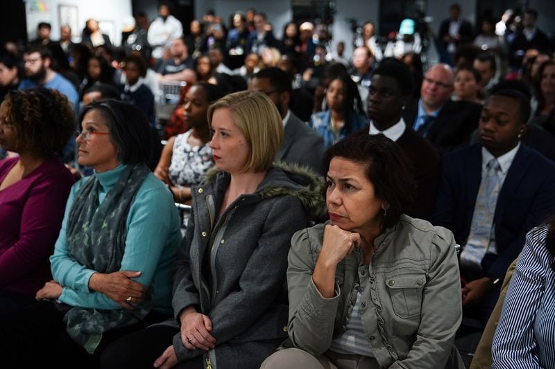 Attendees listen to U.S. Democratic presidential candidate JuliÂ·n Castro as he participates in a conversation with Angela Rye at Paschal's on November 19, 2019, in Atlanta. Elijah Nouvelage for The Atlanta Journal-Constitution
